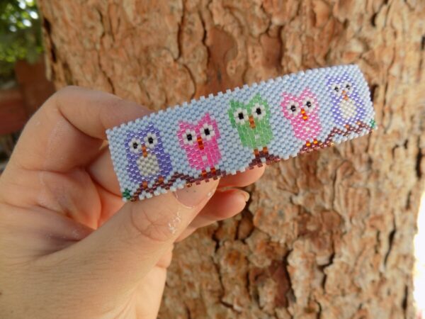 Shop Wyoming Cute Whimsical Owl Peyote Large Beaded Barrette in Purple Green and Pink on Blue