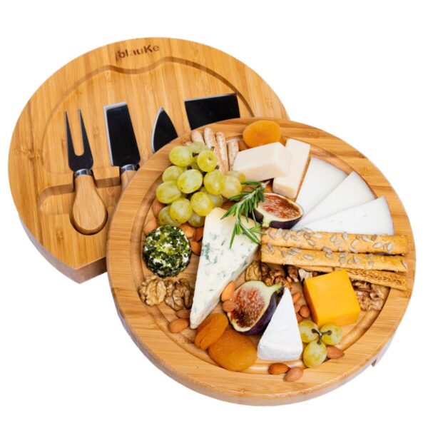 Shop Wyoming Bamboo Cheese Board and Knife Set – 10 Inch Swiveling Charcuterie Board with Slide-Out Drawer