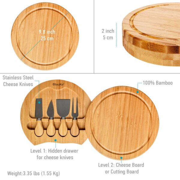 Shop Wyoming Bamboo Cheese Board and Knife Set – 10 Inch Swiveling Charcuterie Board with Slide-Out Drawer