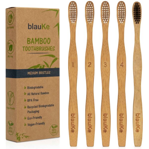 Shop Wyoming Bamboo Toothbrush Set 5-Pack – Bamboo Toothbrushes with Medium Bristles for Adults – Eco-Friendly, Biodegradable, Natural Wooden Toothbrushes