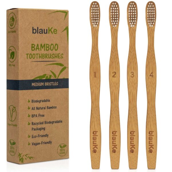 Shop Wyoming Bamboo Toothbrush Set 4-Pack – Bamboo Toothbrushes with Medium Bristles for Adults – Eco-Friendly, Biodegradable, Natural Wooden Toothbrushes