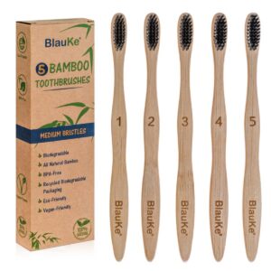 Shop Wyoming Bamboo Toothbrush Set 5-Pack – Bamboo Toothbrushes with Medium Bristles for Adults – Eco-Friendly, Biodegradable, Natural Wooden Toothbrushes with Black Charcoal Bristles