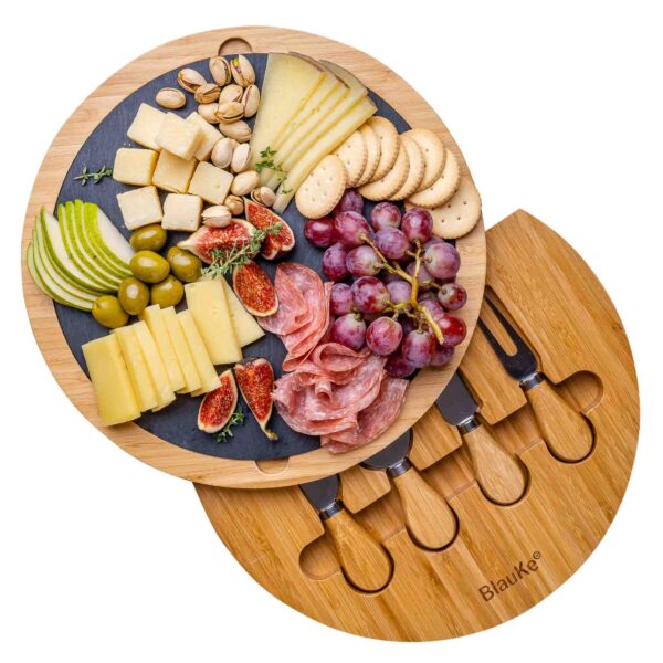 Shop Wyoming Round Bamboo Cheese Board with Knife Set and Removable Slate – 12 inch Swiveling Charcuterie Board