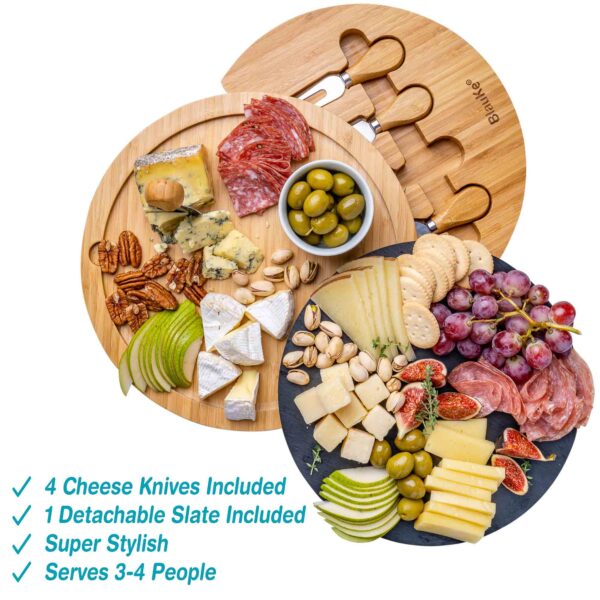 Shop Wyoming Round Bamboo Cheese Board with Knife Set and Removable Slate – 12 inch Swiveling Charcuterie Board