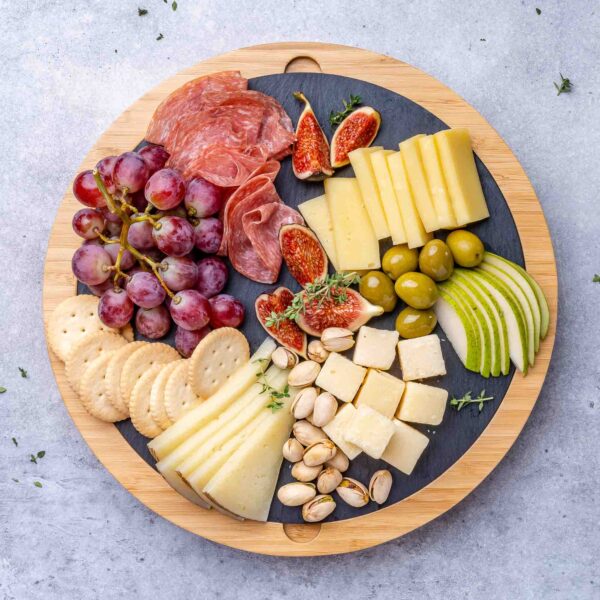 Shop Wyoming Round Bamboo Cheese Board with Knife Set and Removable Slate – 12 inch Swiveling Charcuterie Board