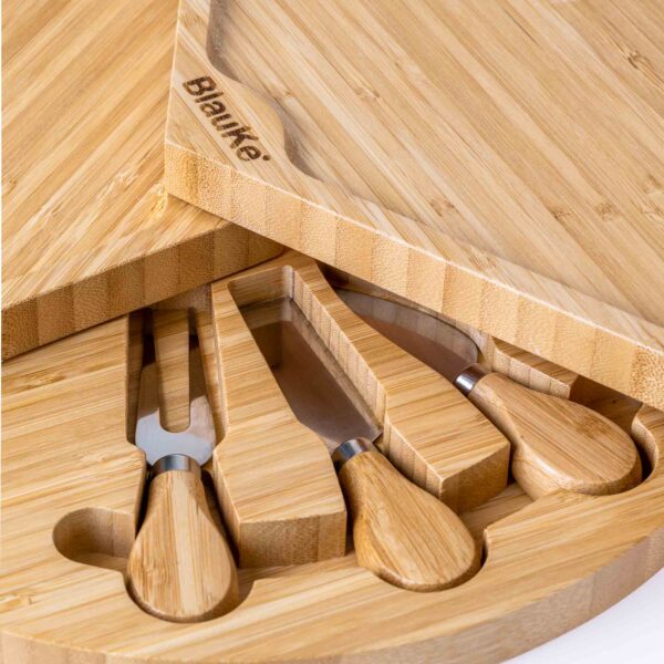 Shop Wyoming Bamboo Cheese Board and Knife Set – 14 Inch Swiveling Charcuterie Board with Slide-Out Drawer – Cheese Serving Platter, Round Serving Tray