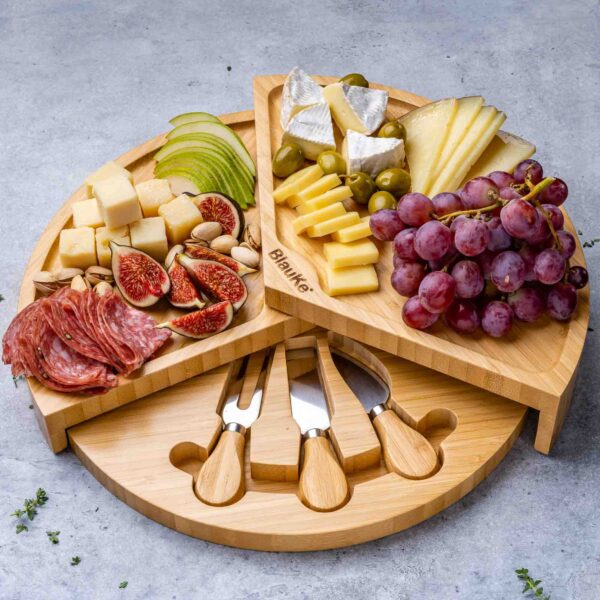 Shop Wyoming Bamboo Cheese Board and Knife Set – 14 Inch Swiveling Charcuterie Board with Slide-Out Drawer – Cheese Serving Platter, Round Serving Tray