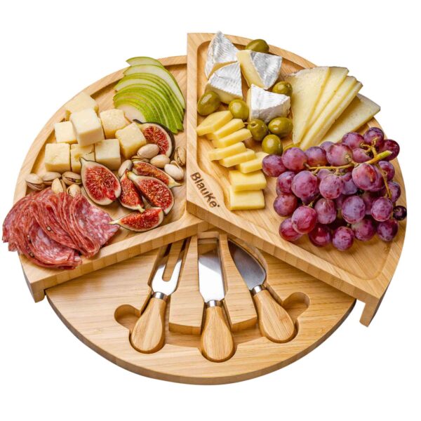 Shop Wyoming Bamboo Cheese Board and Knife Set – 14 Inch Swiveling Charcuterie Board with Slide-Out Drawer – Cheese Serving Platter, Round Serving Tray