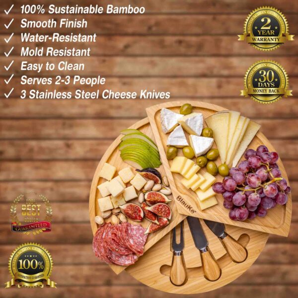 Shop Wyoming Bamboo Cheese Board and Knife Set – 14 Inch Swiveling Charcuterie Board with Slide-Out Drawer – Cheese Serving Platter, Round Serving Tray