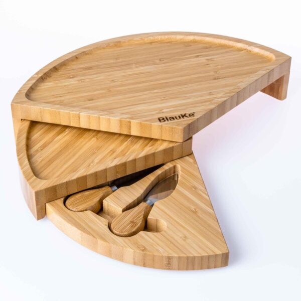 Shop Wyoming Bamboo Cheese Board and Knife Set – 14 Inch Swiveling Charcuterie Board with Slide-Out Drawer – Cheese Serving Platter, Round Serving Tray