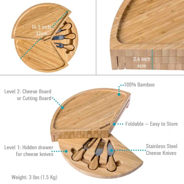 Shop Wyoming Bamboo Cheese Board and Knife Set – 14 Inch Swiveling Charcuterie Board with Slide-Out Drawer – Cheese Serving Platter, Round Serving Tray