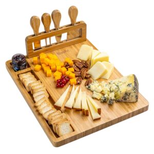 Shop Wyoming Bamboo Cheese Board and Knife Set – 14×11 inch Charcuterie Board with 4 Cheese Knives – Wood Serving Tray