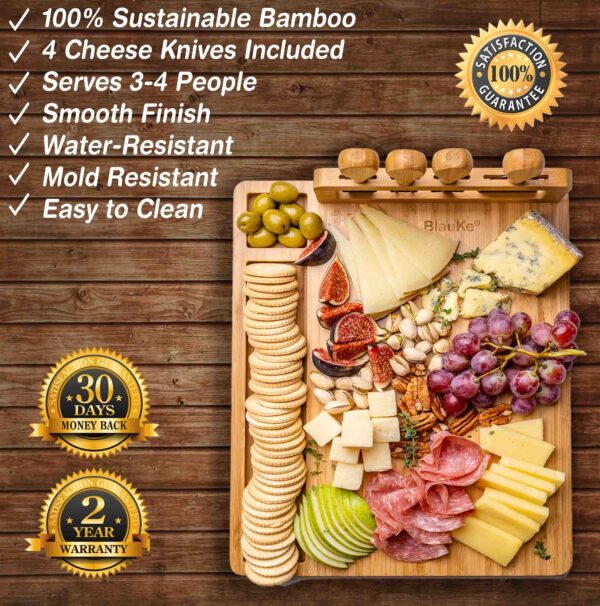 Shop Wyoming Bamboo Cheese Board and Knife Set – 14×11 inch Charcuterie Board with 4 Cheese Knives – Wood Serving Tray