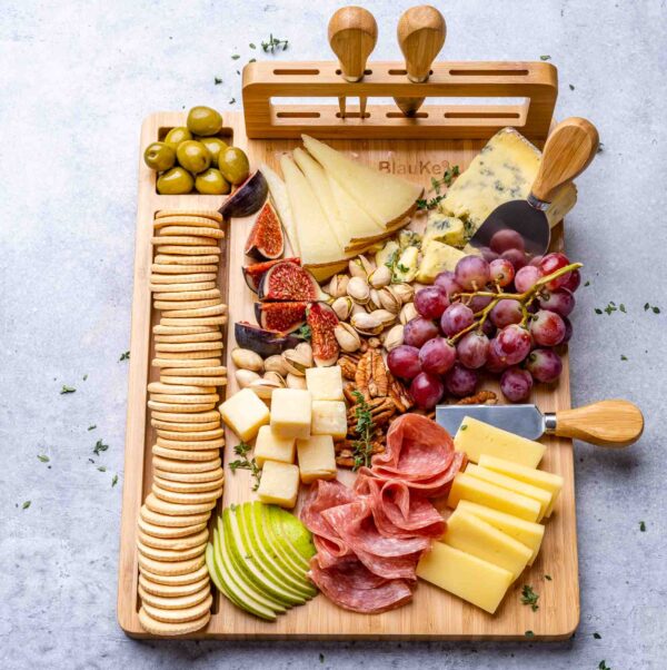 Shop Wyoming Bamboo Cheese Board and Knife Set – 14×11 inch Charcuterie Board with 4 Cheese Knives – Wood Serving Tray