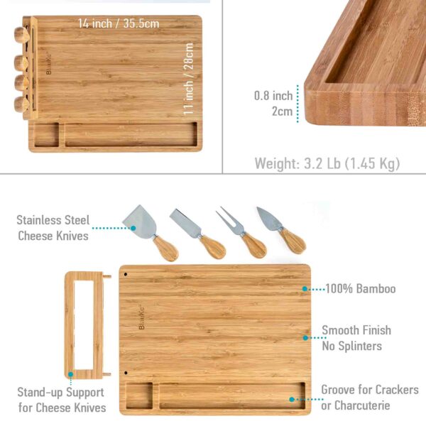 Shop Wyoming Bamboo Cheese Board and Knife Set – 14×11 inch Charcuterie Board with 4 Cheese Knives – Wood Serving Tray