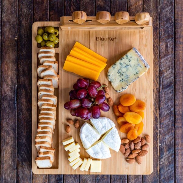 Shop Wyoming Bamboo Cheese Board and Knife Set – 14×11 inch Charcuterie Board with 4 Cheese Knives – Wood Serving Tray