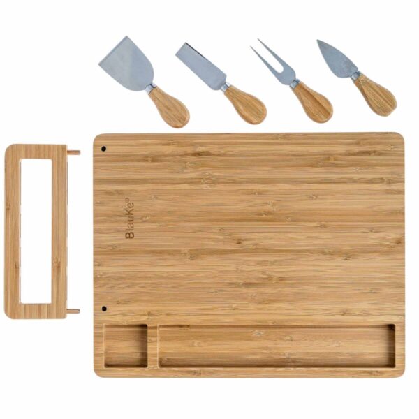 Shop Wyoming Bamboo Cheese Board and Knife Set – 14×11 inch Charcuterie Board with 4 Cheese Knives – Wood Serving Tray