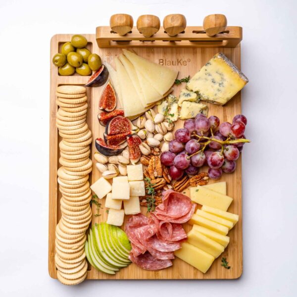 Shop Wyoming Bamboo Cheese Board and Knife Set – 14×11 inch Charcuterie Board with 4 Cheese Knives – Wood Serving Tray