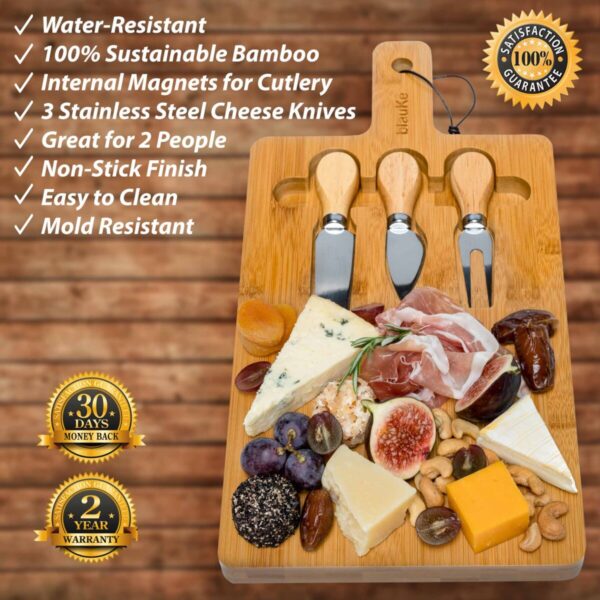 Shop Wyoming Bamboo Cheese Board and Knife Set – 12×8 inch Charcuterie Board with Magnetic Cutlery Storage – Wood Serving Tray with Handle