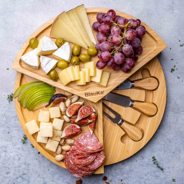 Shop Wyoming Bamboo Cheese Board and Knife Set – 14 Inch Swiveling Charcuterie Board with Slide-Out Drawer – Cheese Serving Platter, Round Serving Tray