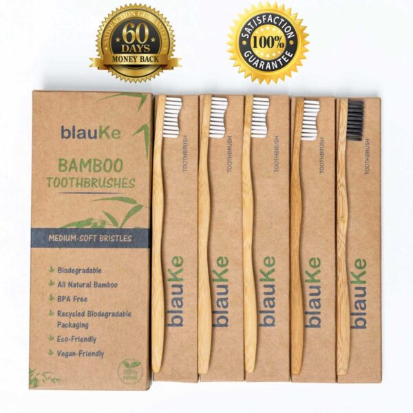 Shop Wyoming Bamboo Toothbrush Set 5-Pack – Bamboo Toothbrushes with Medium Bristles for Adults – Eco-Friendly, Biodegradable, Natural Wooden Toothbrushes