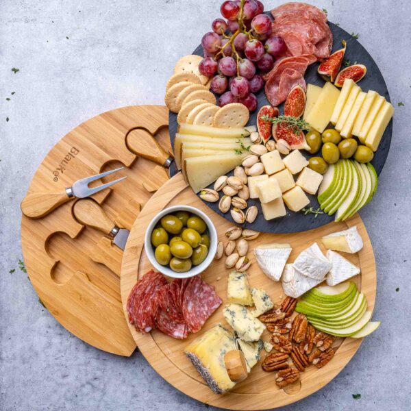 Shop Wyoming Round Bamboo Cheese Board with Knife Set and Removable Slate – 12 inch Swiveling Charcuterie Board