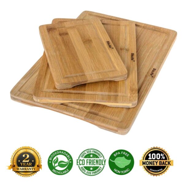 Shop Wyoming Wooden Cutting Boards for Kitchen with Juice Groove and Handles – Bamboo Chopping Boards Set of 3 – Wood Serving Trays