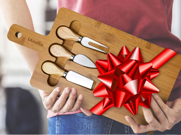 Shop Wyoming Bamboo Cheese Board and Knife Set – 12×8 inch Charcuterie Board with Magnetic Cutlery Storage – Wood Serving Tray with Handle